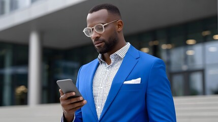Confident businessman using smartphone outside office building