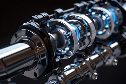 Close-up of a complex, metallic mechanical assembly with chrome and black components, illuminated with blue light, against a dark background.