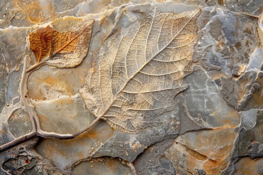 Fossilized leaves in rock matrix. One golden, one light. Detailed venation. Geological, earthy tones. Close-up, textured.