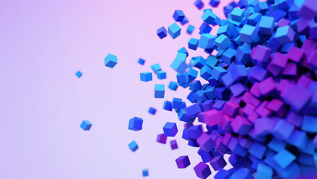 Abstract cluster of blue and purple cubes against a soft pink background - Powered by Adobe