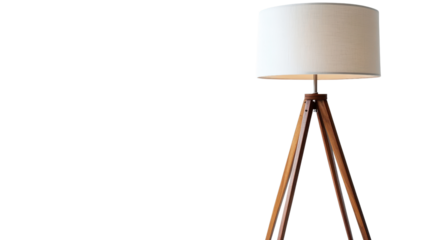 Floor lamp with tripod wooden legs and linen shade, cozy warm lighting Transparent background, PNG