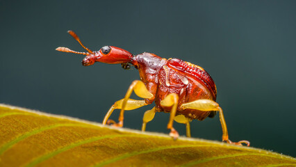 Tiny red giraffe weevil walking on green leaf
