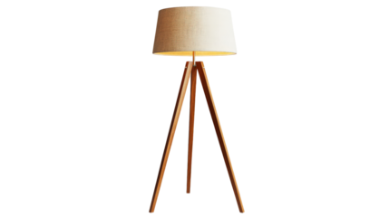Floor lamp with tripod wooden legs and linen shade, cozy warm lighting Transparent background, PNG