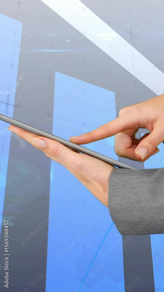 Poster animation of financial data processing over caucasian businessman using tablet