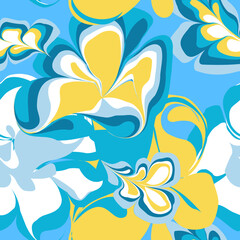 Summer Marble Seamless Pattern - Tropical Floral Vector Illustration Background in Yellow, Blue, and White