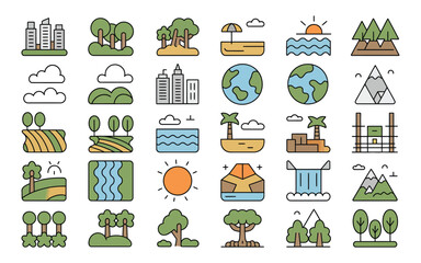 Minimalist vector icons of landscapes including cityscapes hills rivers sun and construction site

