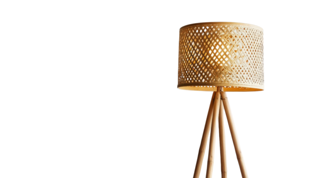 Floor lamp with woven rattan lampshade, bohemian style Transparent background, PNG