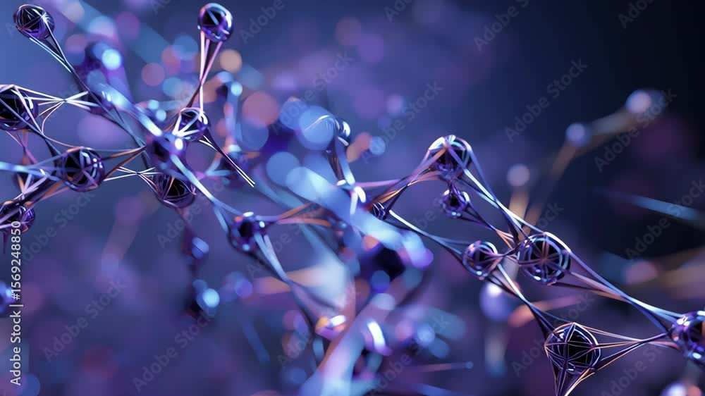 Poster a purple image of a molecule with many small purple dots. the dots are connected to each other in a 