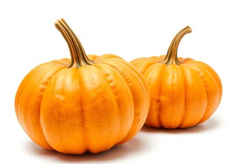 Fototapeta premium Two plump pumpkins sit side-by-side on a clean white background, decoration, autumn