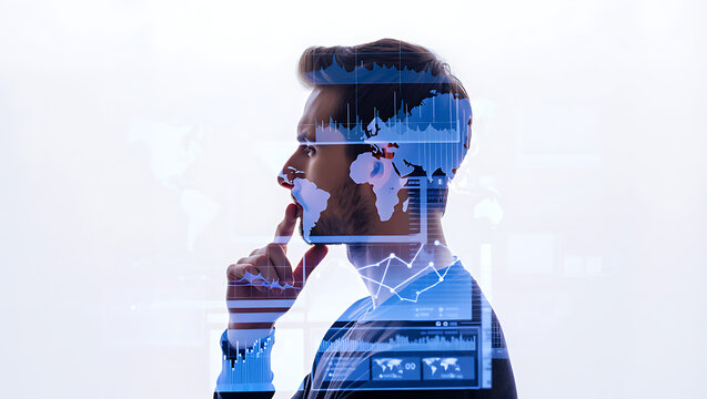 Man with world map and financial charts superimposed on his head