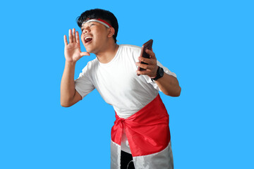 Excited Man Shouting with Phone, Celebrating Sporting Event