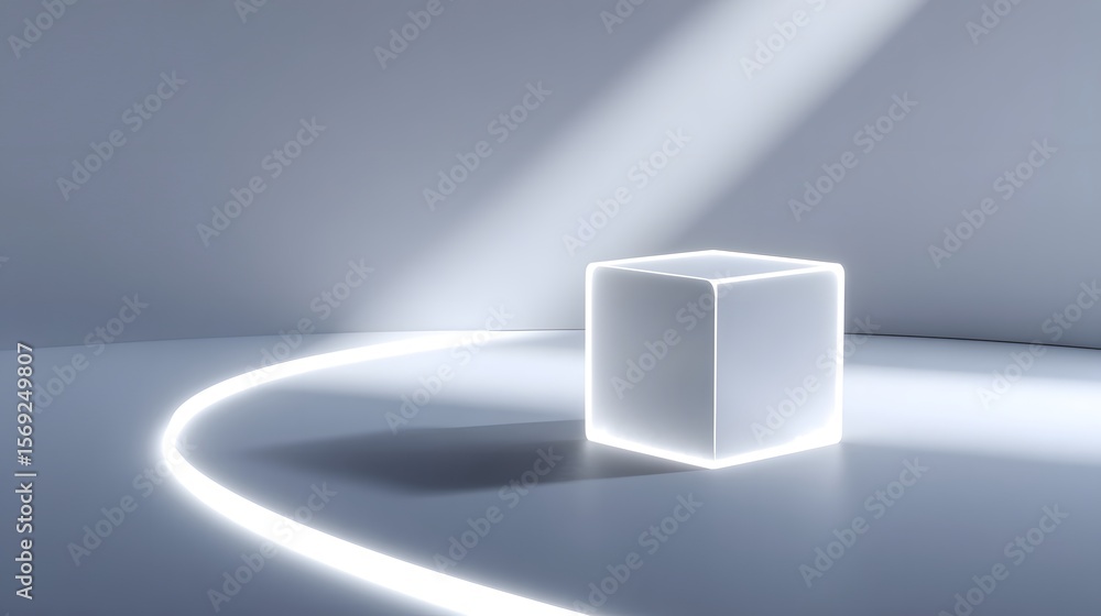 Poster illuminated geometric cube in minimalist studio setting