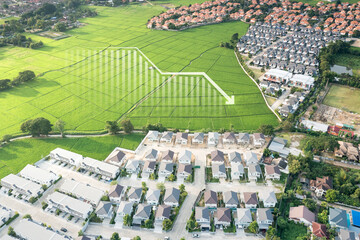 Land, landscape or green field in aerial view. Include house building, bar chart or graph, drop down arrow. Real estate or property with concept for sale price, land value to decrease, reduction, low.