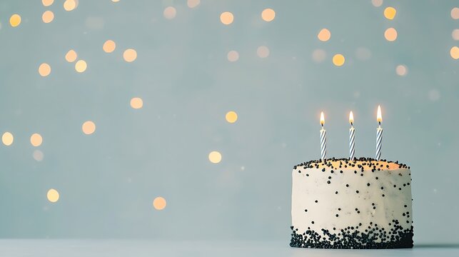 Birthday Cake with Three Candles and Bokeh Lights