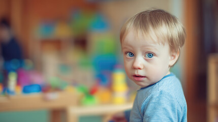 A curious baby boy in a nursery room with soft natural light and a blurred pastel background.