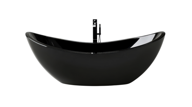 Freestanding black bathtub with glossy finish and modern styling Transparent background, PNG