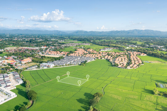 Land plot in aerial view. Identify registration symbol of vacant area for map. Real estate or property for business of home, house or residential i.e. construction, development, sale, rent, buy.