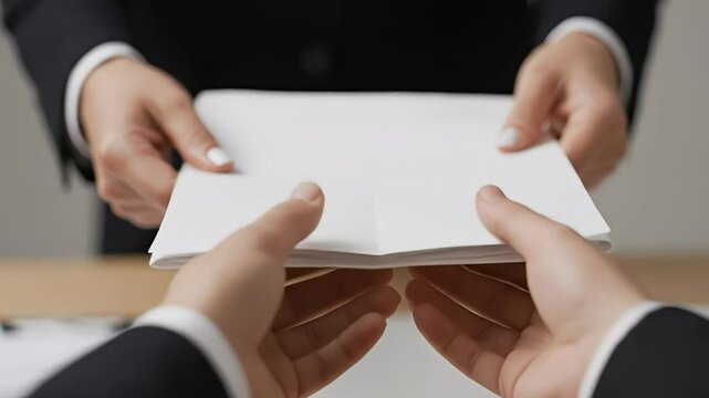 Businesspeople exchanging important documents across a table, signifying a crucial transaction.