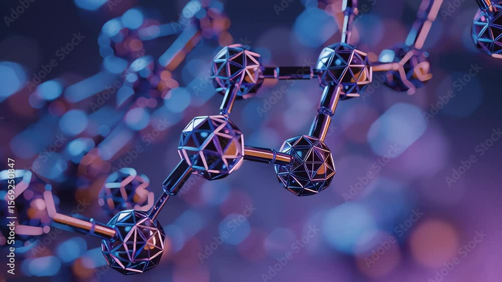 Poster a close up of a blue and purple object with many small spheres. the spheres are connected to each ot