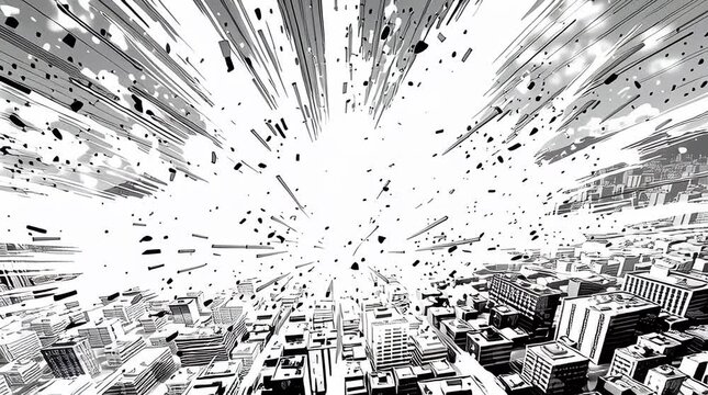 black and white anime manga city explosion