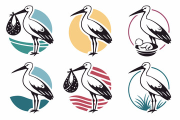 set of Stork and Newborn silhouette vector illustration