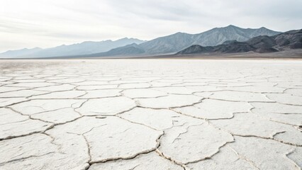 Vast expanse of cracked white salt flats stretching towards distant mountains under a hazy sky