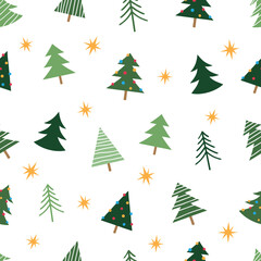 Obraz premium Seamless Stars And Different Christmas Tree Pattern Design White Background