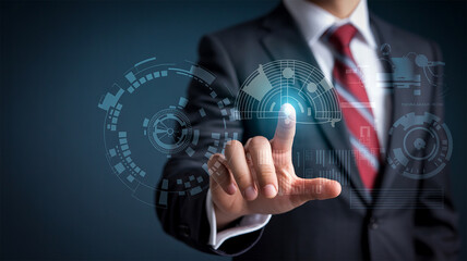 Closeup of a businessman in a dark suit and red tie interacting with a futuristic holographic interface featuring glowing blue circular technological
