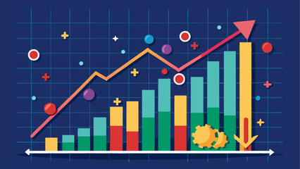 Stacked bar and line chart with colorful data points, arrows and gear icons on dark grid background in flat modern style