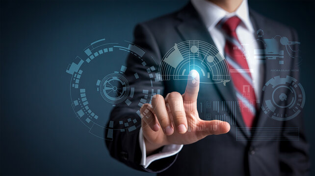 Closeup of a businessman in a dark suit and red tie interacting with a futuristic holographic interface featuring glowing blue circular technological