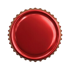 Detailed close up of a shiny red metal bottle cap isolated on white background