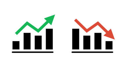 Graph growth with arrow up and reduction with arrow down, line chart icon. Financial invest, fall, increase and decrease. Statistics and analytics. Vector flat illustration