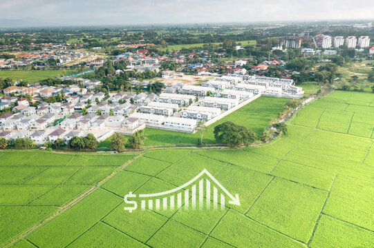 Land, landscape or green field in aerial view. Include house building, bar chart or graph, drop down arrow. Real estate or property with concept for sale price, land value to decrease, reduction, low.