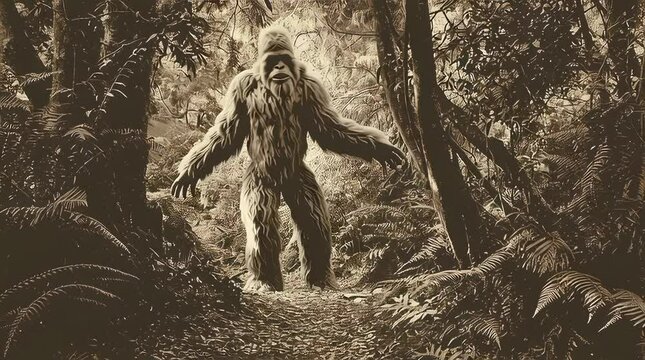 old worn vintage sepia toned polaroid photo of black silhouette of bigfoot or yeti	
