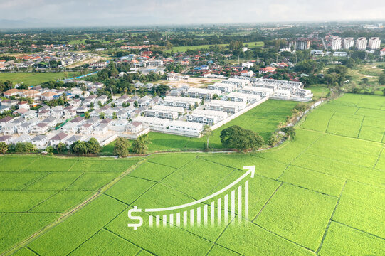 Land value in aerial view consist of landscape of green field or agriculture farm, house building, growth graph of rate market price for agent, realtor, investor to sale, buy, mortgage and investment. - Powered by Adobe