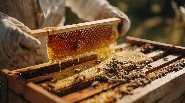 Harvesting Honeycomb with Dripping Honey and Worker Bees