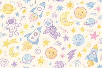 Pastel colored space-themed doodle pattern with astronauts, rockets, planets, and stars.