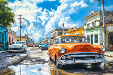 Vibrant Cuban cityscape featuring retro cars glistening under a bright sky with rustic architecture
