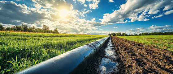 Innovative irrigation system nurtures farmland under a vibrant blue sky with billowy clouds