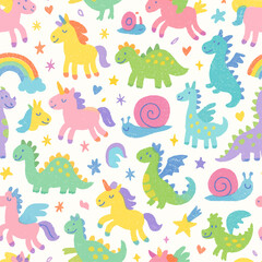Whimsical pastel unicorns, dragons, and snails playfully arranged in a seamless pattern.