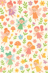 Fototapeta premium Whimsical illustration of several smiling fairies flying amongst flowers and foliage.