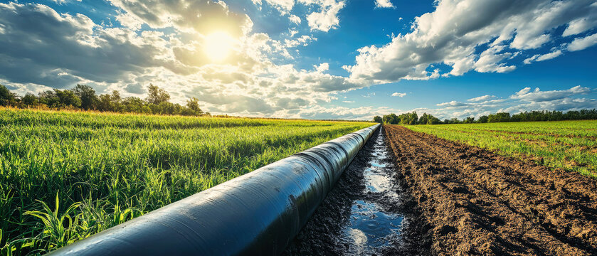Innovative irrigation system nurtures farmland under a vibrant blue sky with billowy clouds