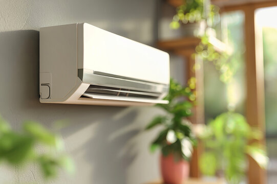 Modern split system air conditioner mounted on wall in stylish living room with sunlight and greenery