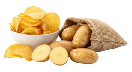 Isolated Potato Chips and Potatoes in Sack