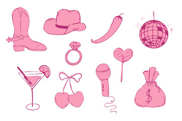 Wild west coquette y2k bachelorette cowgirl party collection, western pink rodeo doodle with retro disco elements. Hat, heart and boots.