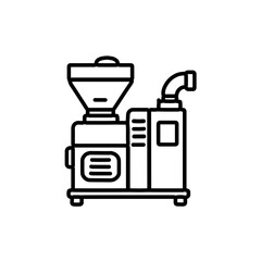 Rice Dryer Machine Icon. A clean black outline vector icon of a rice dryer machine, showcasing its key components like the hopper, processing unit, and exhaust system