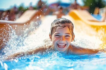 Laughing children and adults enjoy a thrilling summer day at the amusement park water slide