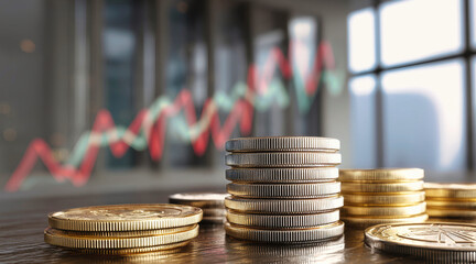 Finance concepts illustrated with coins and stock market graphs against a blurred bank building backdrop