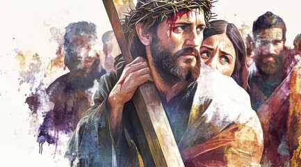 Jesus carries the cross with Mary reaching out in a moment of sorrow and compassion