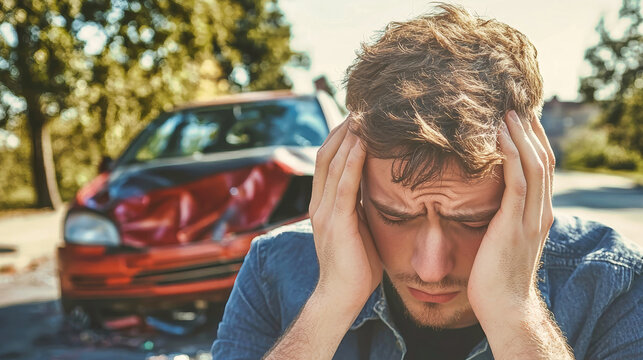Young man feeling distressed after car accident on a sunny day in a residential area